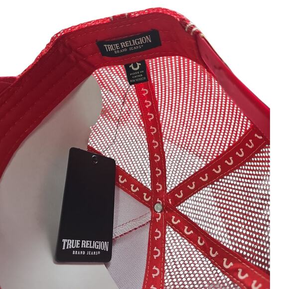True Religion Red Trucker Hat Snapback OSFM Men's Y2K Streetwear Buddha Logo NEW - Picture 8 of 8